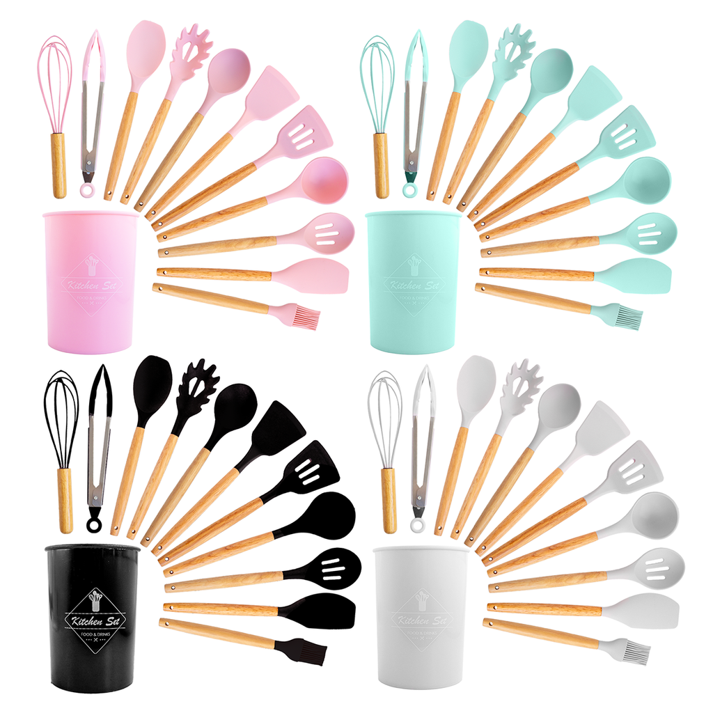 Set De Utensilios De Cocina X12 Silicona Y Madera