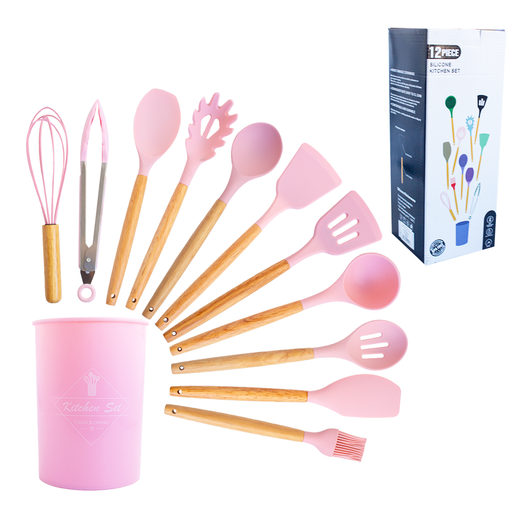 Set De Utensilios De Cocina X12 Silicona Y Madera