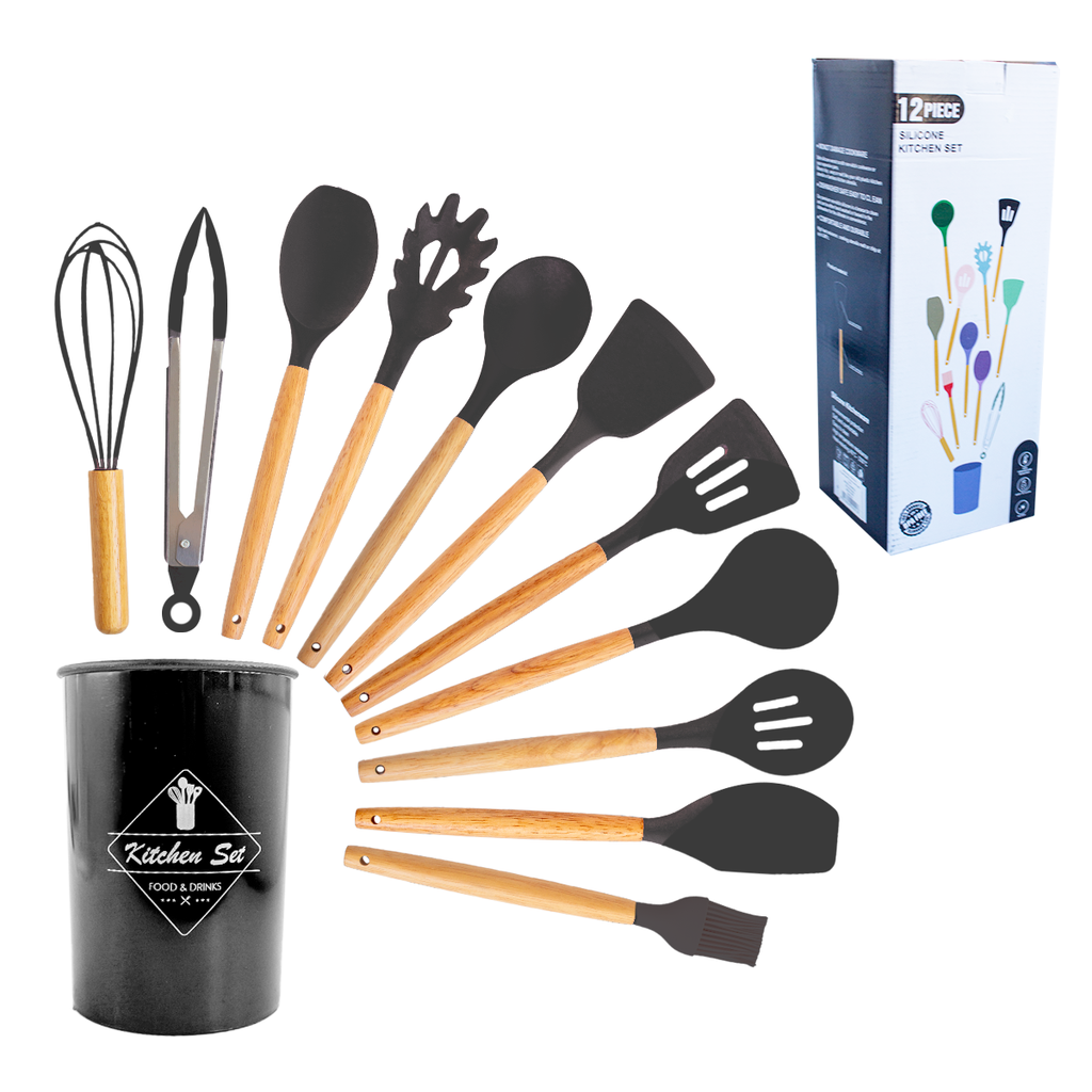 Set De Utensilios De Cocina X12 Silicona Y Madera